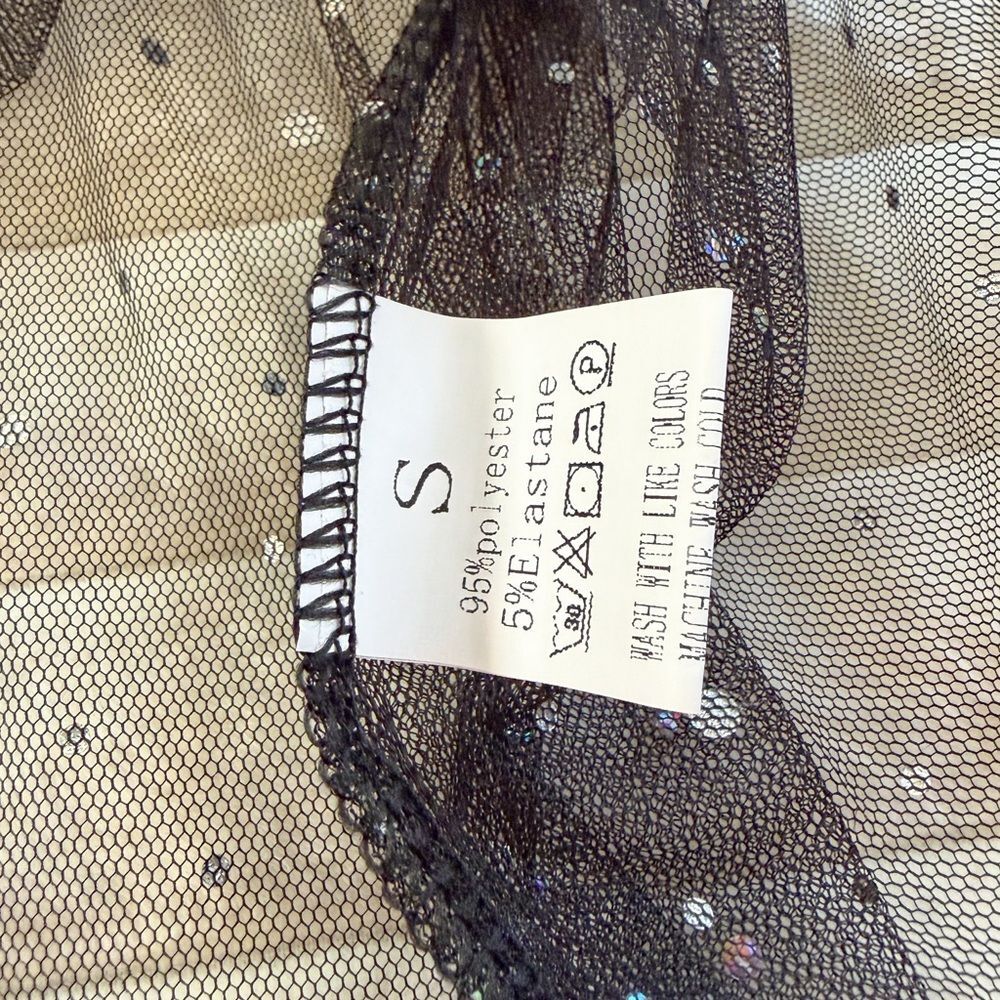 Black Sheer Rhinestone Mesh Top Long Sleeve Sparkly High Neck Size S - Picture 3 of 3